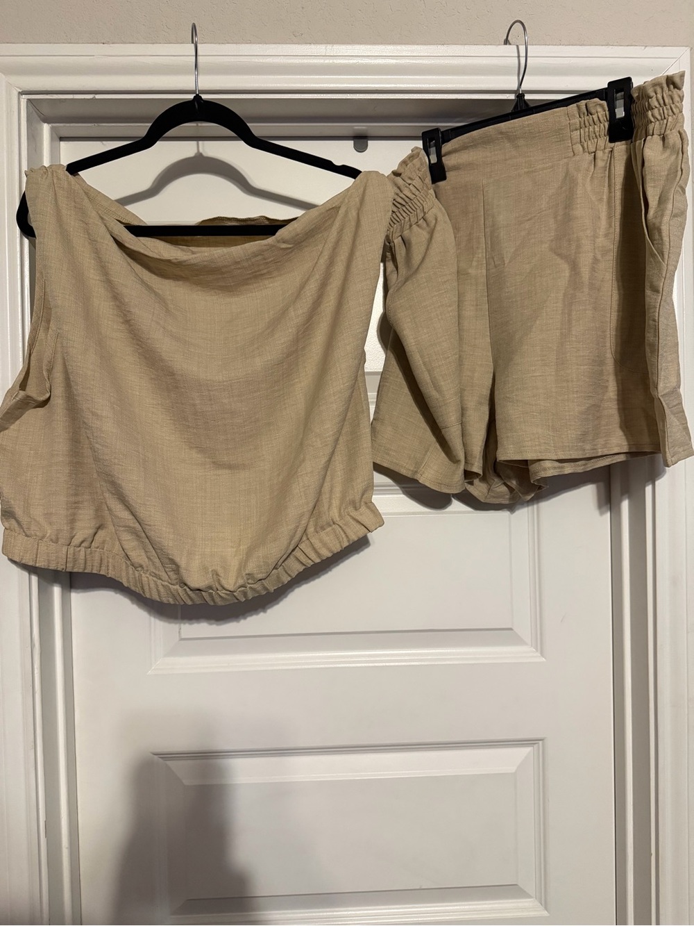 SHEIN Neutral Tan Off-Shoulder Crop Top & Shorts Set